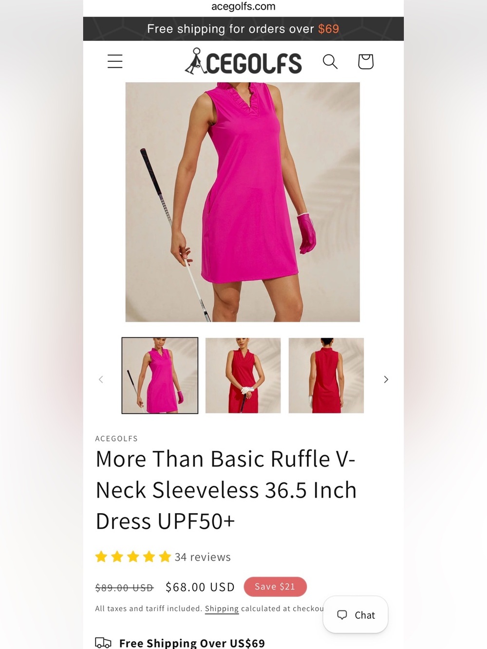 Acegolfs Ruffle V-Neck Sleeveless Athletic Dress in Hot Pink